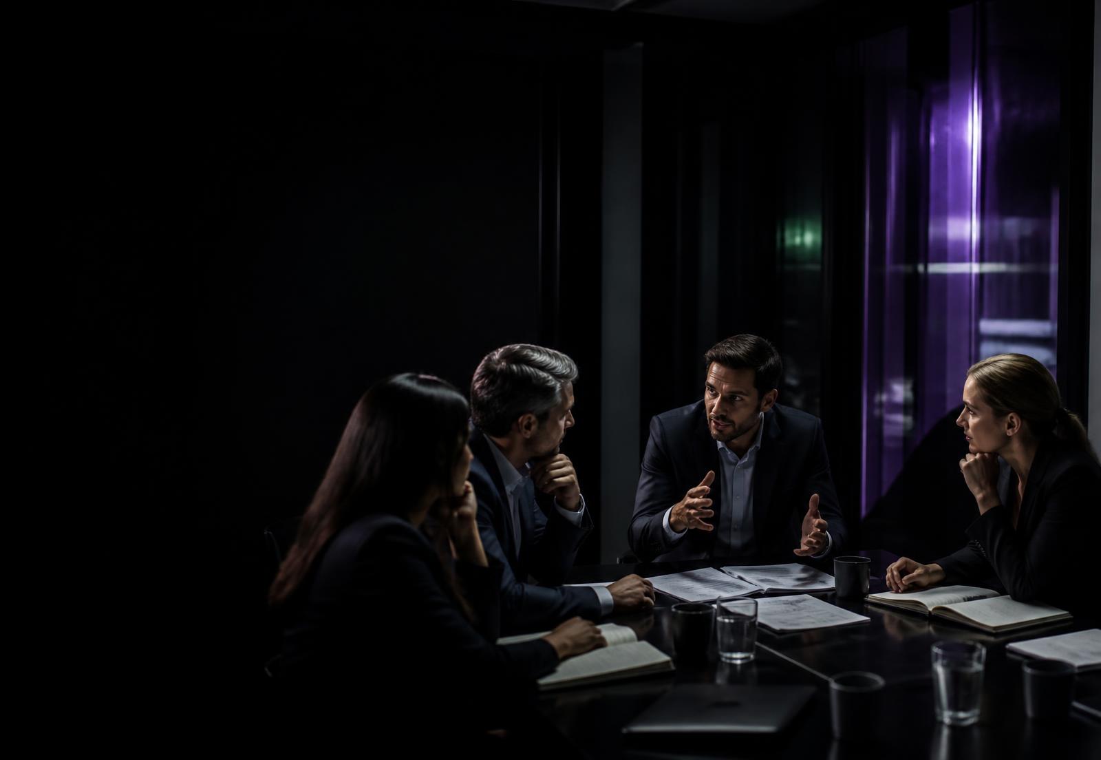 Empresários em discussão estratégica em uma sala de reuniões contemporânea